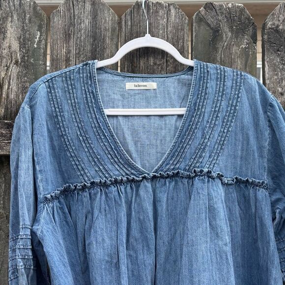 Lalavon Chambray Denim V-Neck Mini Dress Medium - Picture 4 of 7